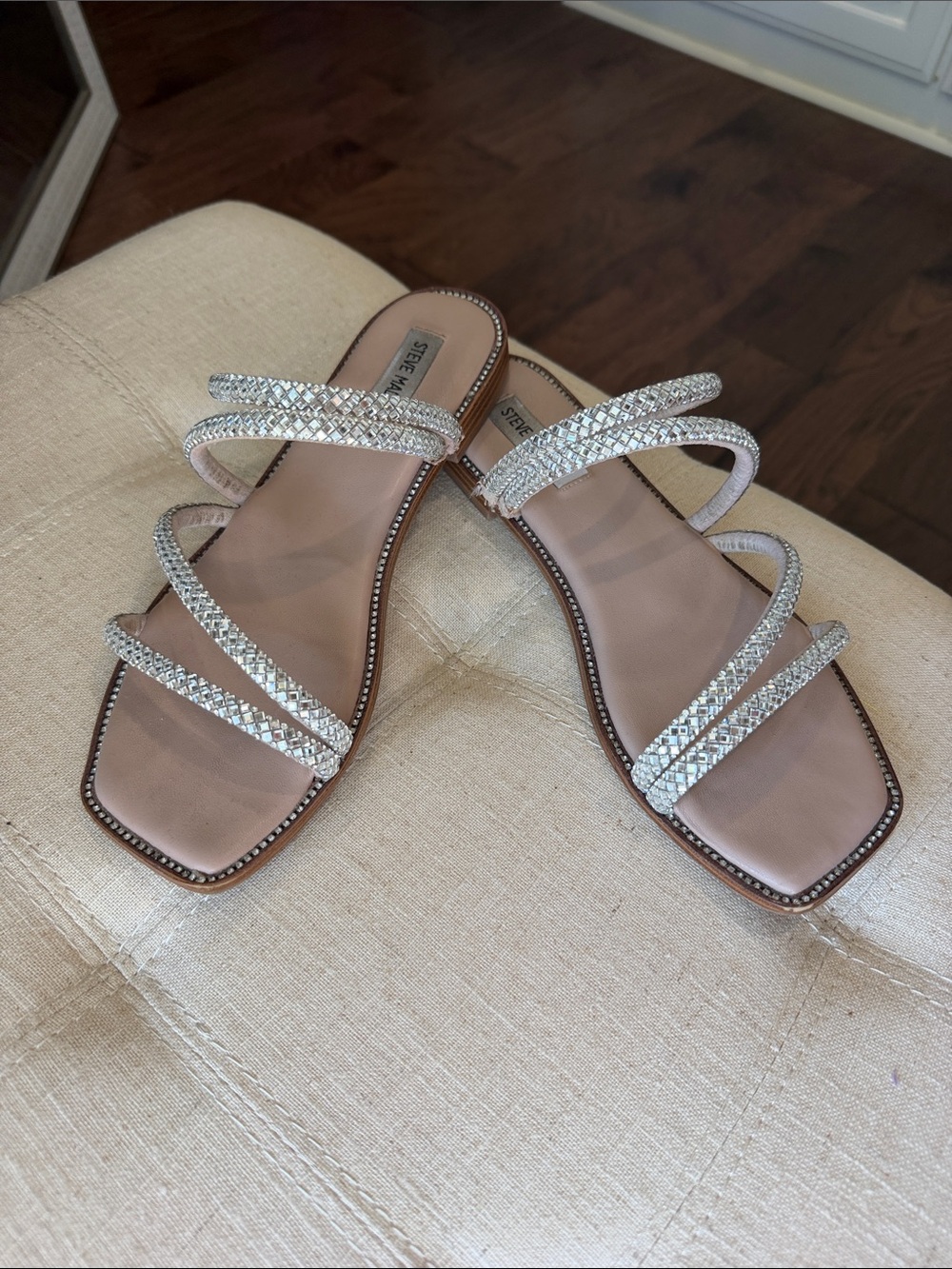 Steve Madden Silver Braided-Strap Slide Sandals